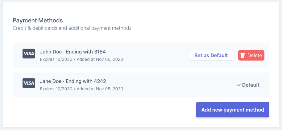 Settings page payment methods section